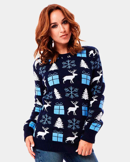Women's Blue Sweater with Reindeer, Gifts, and Trees