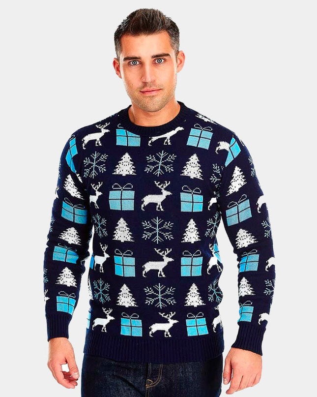 Blue Christmas Sweater for Men with Reindeer and Gifts