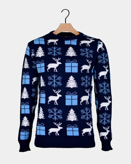Women's Blue Christmas Sweater with Reindeer and Gifts