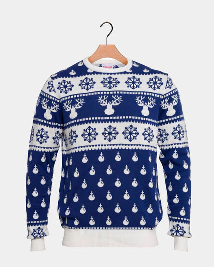 Blue Christmas Sweater with Reindeer and Snow 2023