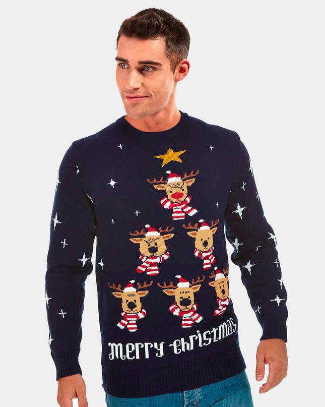 Blue Christmas Sweater for Men with Reindeer, Christmas Tree, and Star