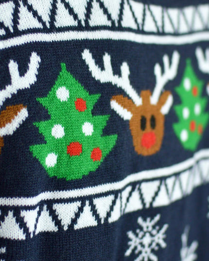 Blue Cardigan Christmas Sweater with Reindeer and Trees
