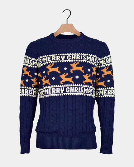 Chic Couple's Christmas Sweater Blue with Reindeer in Organic Cotton