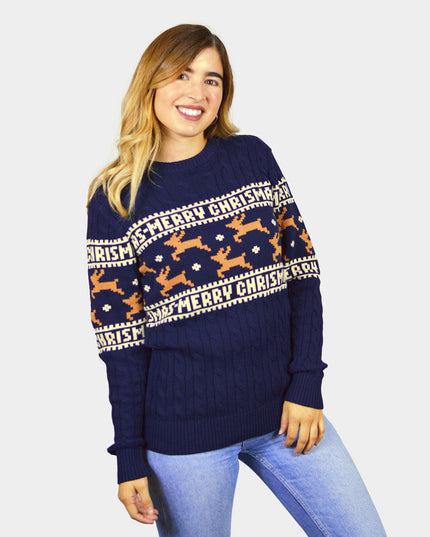 Chic Couple's Christmas Sweater Blue with Reindeer in Organic Cotton