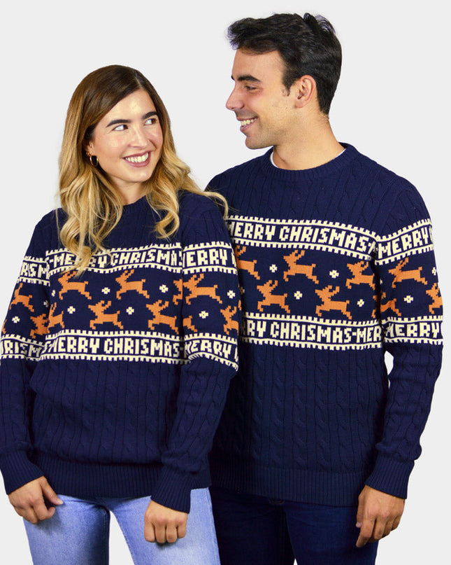 Chic Couple's Christmas Sweater Blue with Reindeer in Organic Cotton