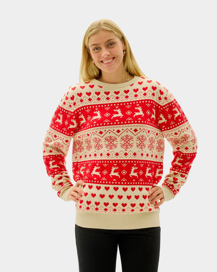 Women's Christmas Sweater with Red Hearts and Beige Cotton