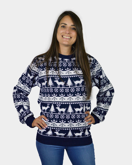 Couples Christmas Sweater with Stripes, Reindeer, and Trees