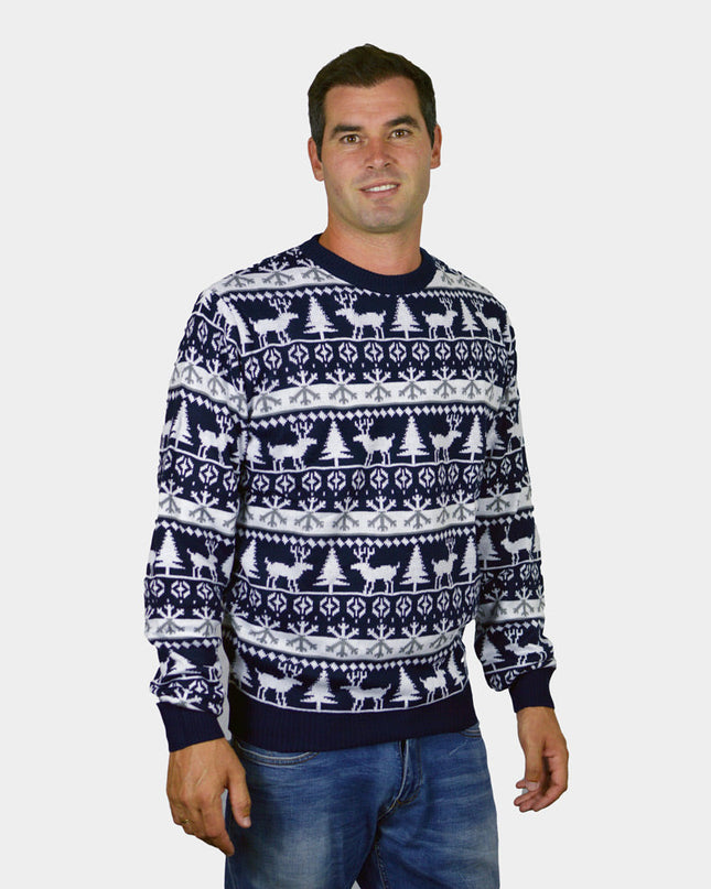 Couples Christmas Sweater with Stripes, Reindeer, and Trees