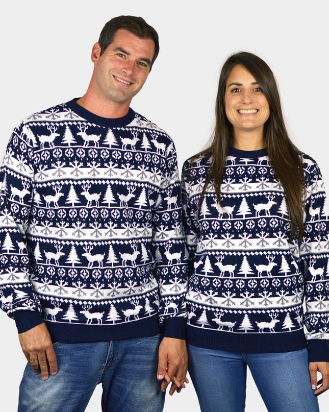 Striped Couples Christmas Sweater with Reindeer and Trees