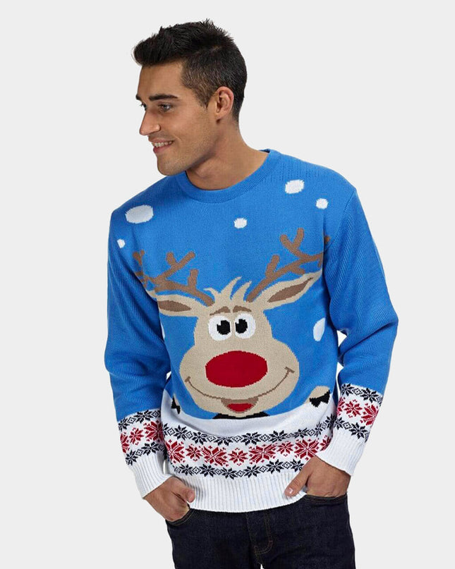 Sky Blue Christmas Sweater for Couples - Reindeer and Snow Theme