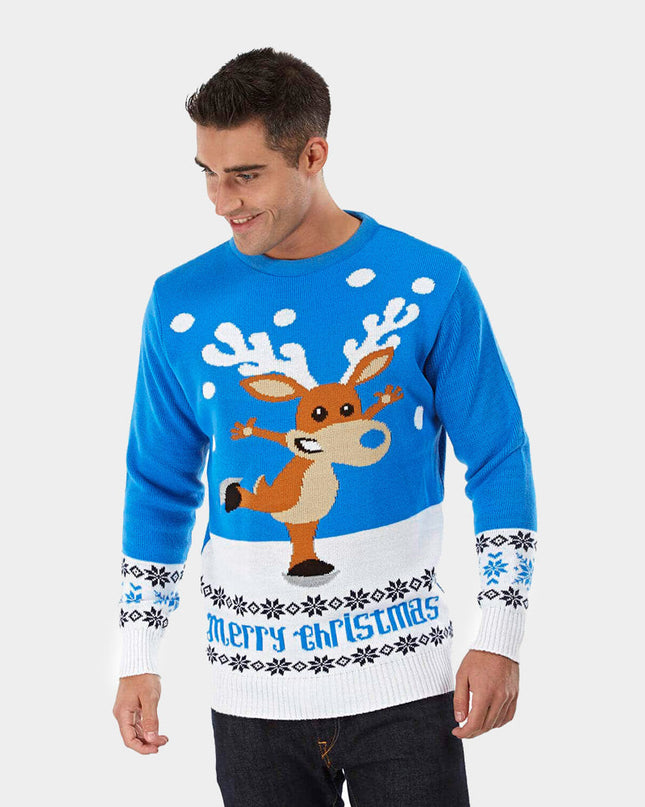 Women's Sky Blue Christmas Sweater with Ice Skating Reindeer