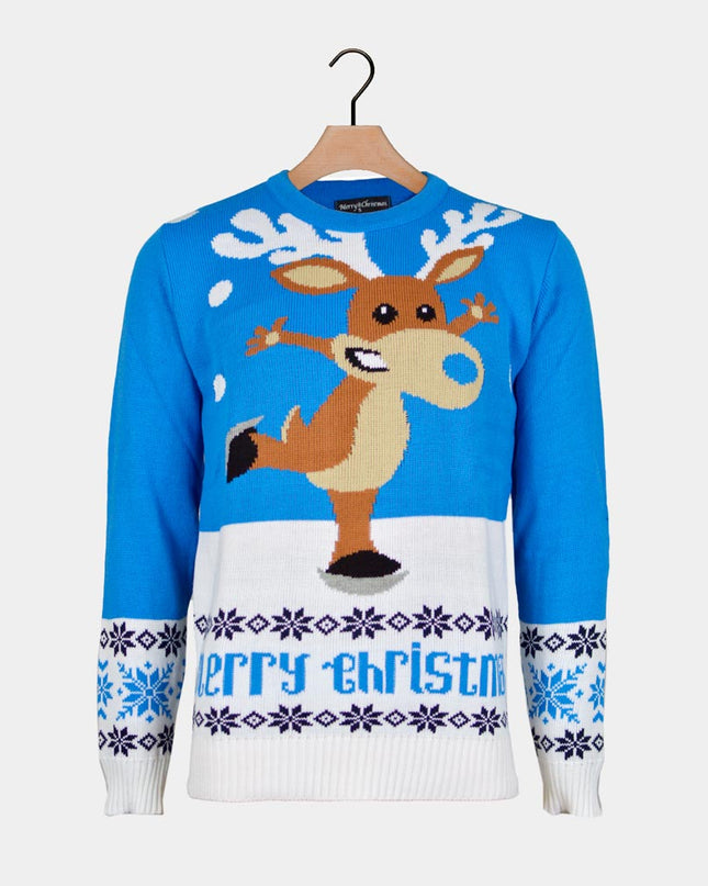 Sky Blue Christmas Sweater for Couples - Ice Skating Reindeer