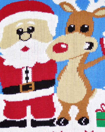 Sky Blue Couples Christmas Sweater with Rudolph and Santa