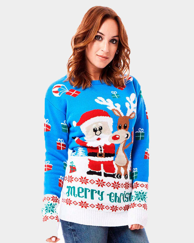 Sky Blue Couples Christmas Sweater with Rudolph and Santa
