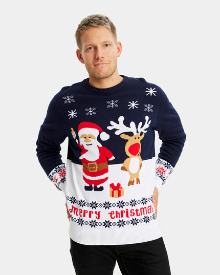 Organic Cotton Blue Christmas Sweater for Couples - Santa and Rudolph