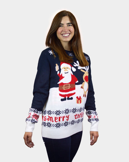 Blue Couple Christmas Sweater with Santa and Rudolph
