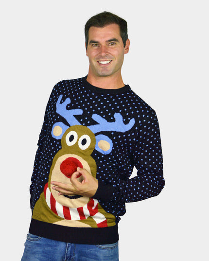 Blue 3D Red-Nosed Reindeer Couple Christmas Sweater
