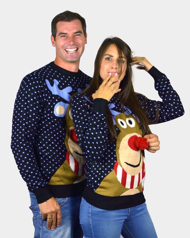 3D Red-Nosed Reindeer Couples Christmas Sweater - Blue