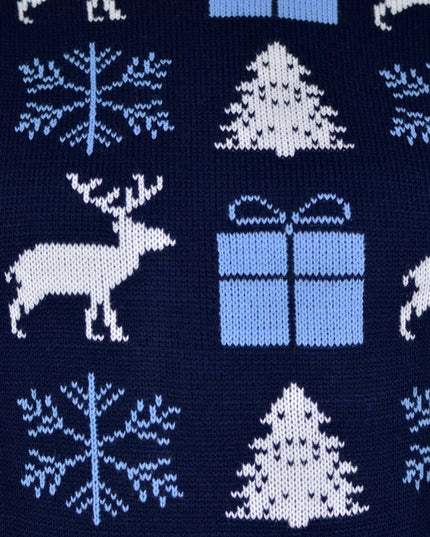 Blue Christmas Sweater for Couples with Reindeer and Gifts