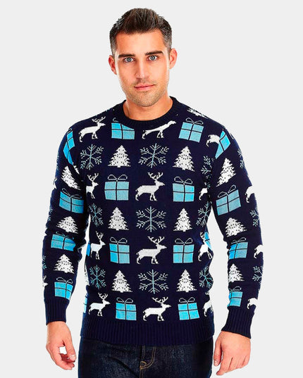 Blue Couple Christmas Sweater with Reindeer and Gifts