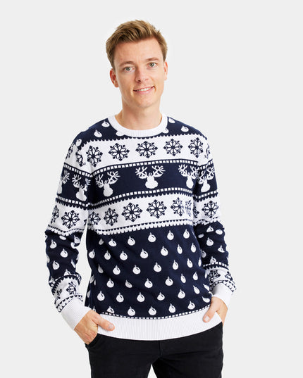 Blue Couple Christmas Sweater with Reindeer and Snow