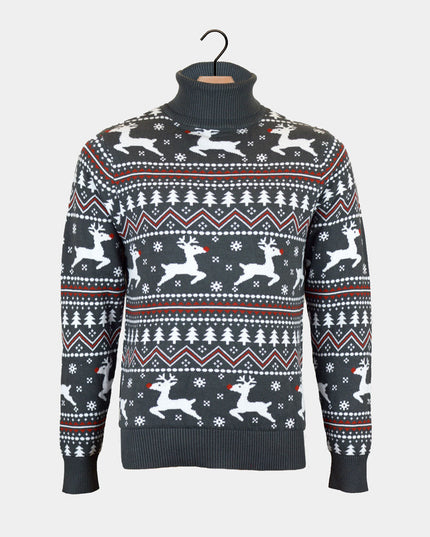 Gray Turtleneck Christmas Sweater for Couples with Reindeer
