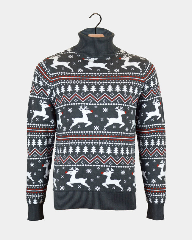 Gray Rolled Neck Christmas Sweater for Couples with Reindeer