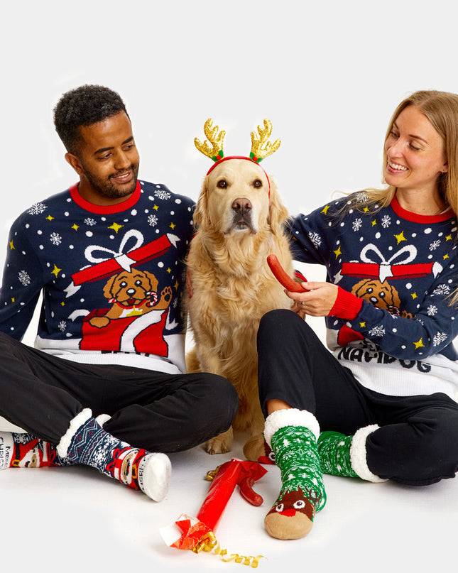 Couples Christmas Sweater - Feliz Navidog Holiday Theme