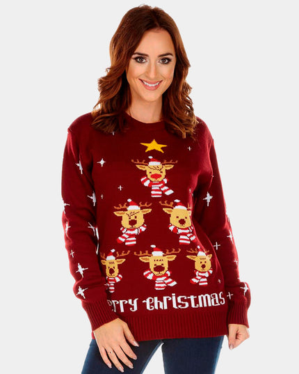 Garnet Christmas Sweater for Couples with Reindeer and Stars