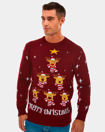Women's Garnet Christmas Sweater with Reindeer and Stars