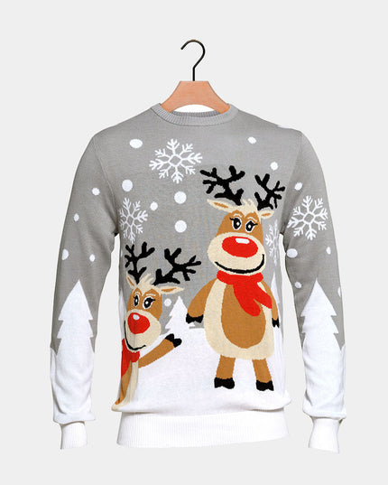 Gray Couple Christmas Sweater with Cute Reindeer