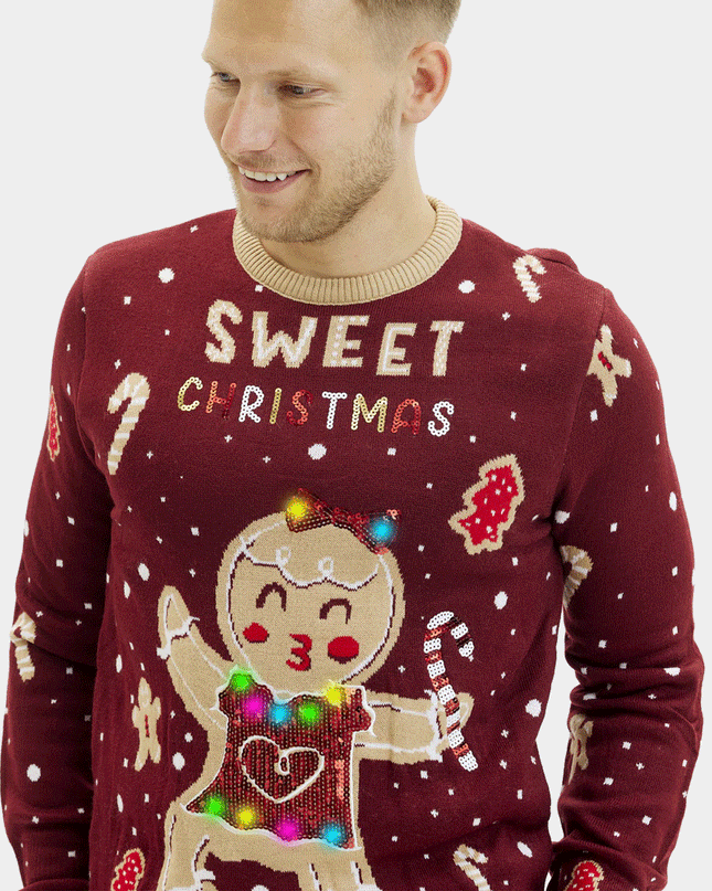 LED Ginger Cookie Couples Christmas Sweater - Red