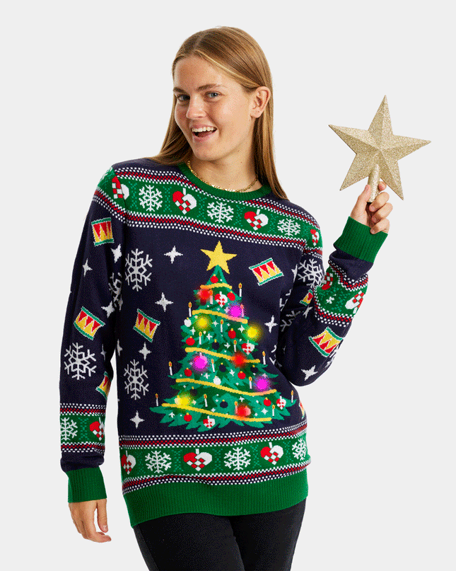 LED Blue Christmas Sweater for Couples - Christmas Tree Design