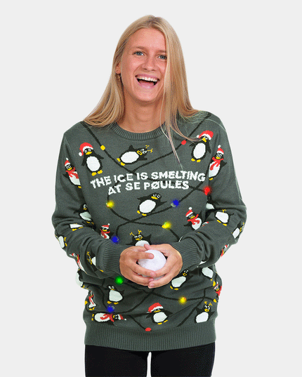 LED Gray Christmas Sweater for Men with Penguins