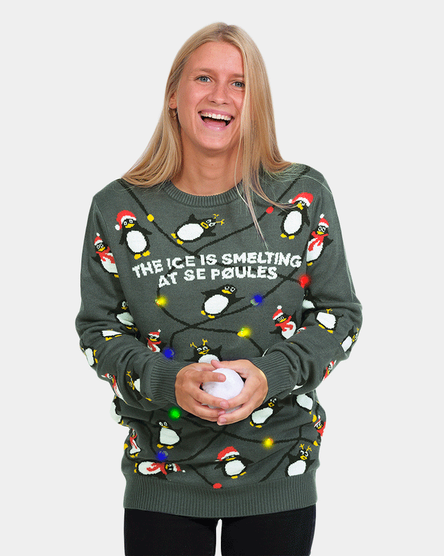 LED Gray Christmas Sweater for Men with Penguins