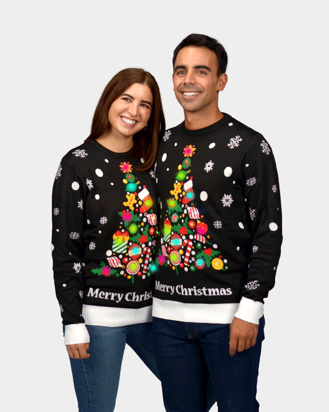 LED Black Christmas Sweater for Couples - Christmas Tree Design
