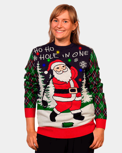 Light-Up Men's Christmas Sweater with Santa Playing Golf