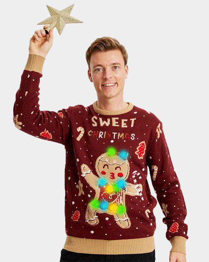 LED Ginger Cookie Couples Christmas Sweater - Red
