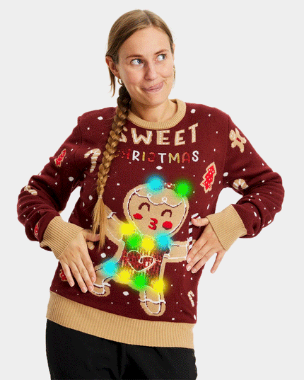LED Ginger Cookie Couples Christmas Sweater - Red
