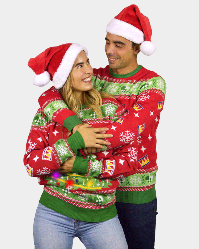 LED Red Christmas Sweater for Couples - Christmas Tree Design