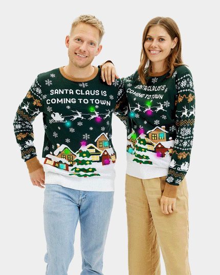 LED "Santa is Coming to Town" Couples Sweater