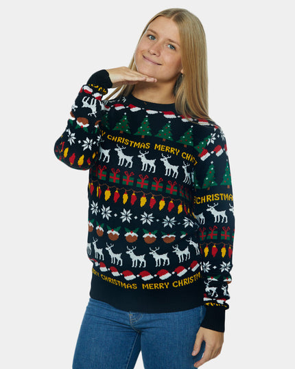 Christmas Sweater for Couples Black with Trees and Reindeer