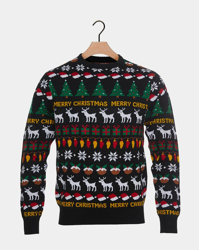Black Christmas Sweater for Couples with Trees and Reindeer