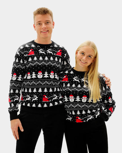 Couple's Christmas Sweater Black with Trees and Snowmen