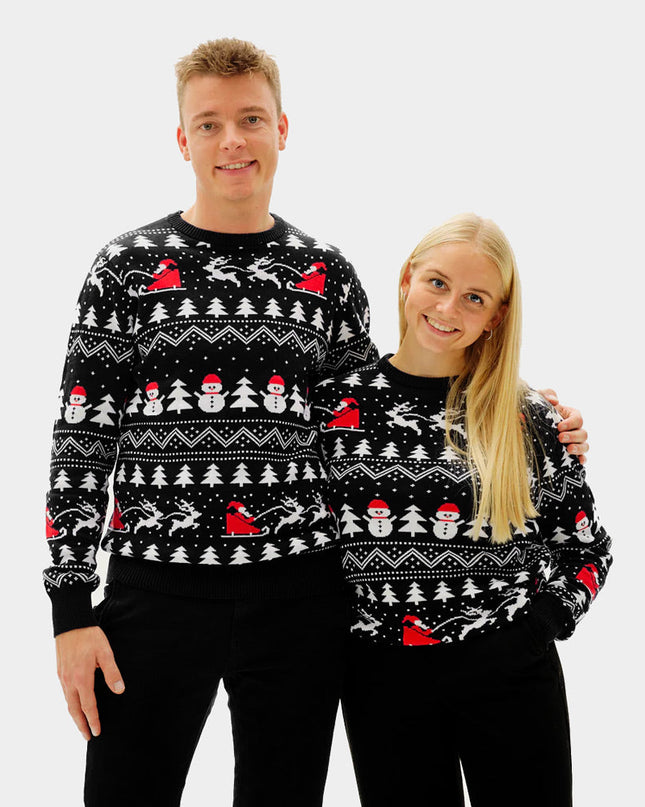 Couple's Christmas Sweater Black with Trees and Snowmen