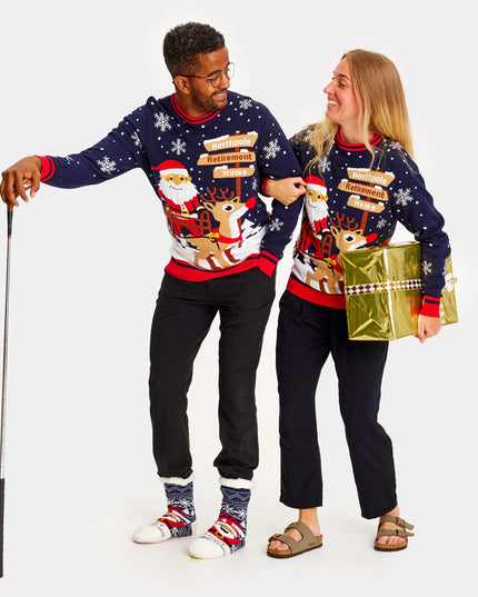 Couples Christmas Sweater with Santa on Retirement Path