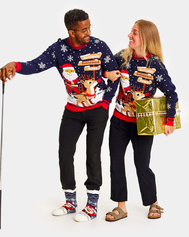 Couples Christmas Sweater with Santa and Walker on Retirement Path | Outlet Sale
