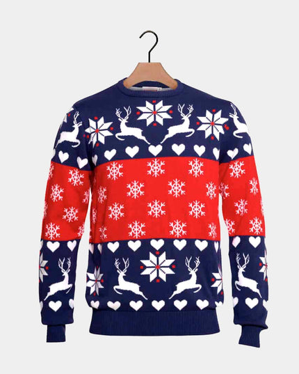 Blue and Red Couples Christmas Sweater with Reindeer and Hearts
