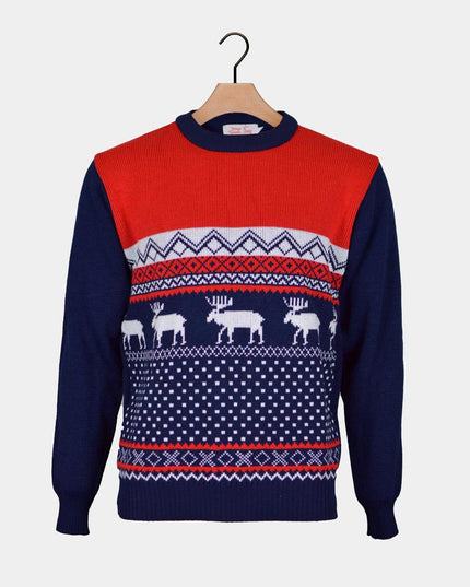 Red and Navy Blue Christmas Sweater with Reindeer