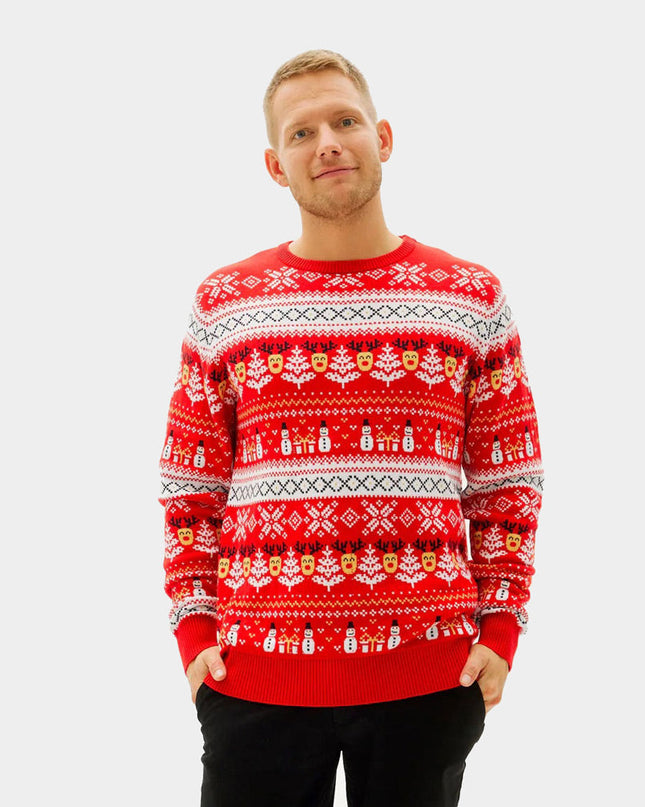 Organic Cotton Red Couple Christmas Sweater with Snowmen